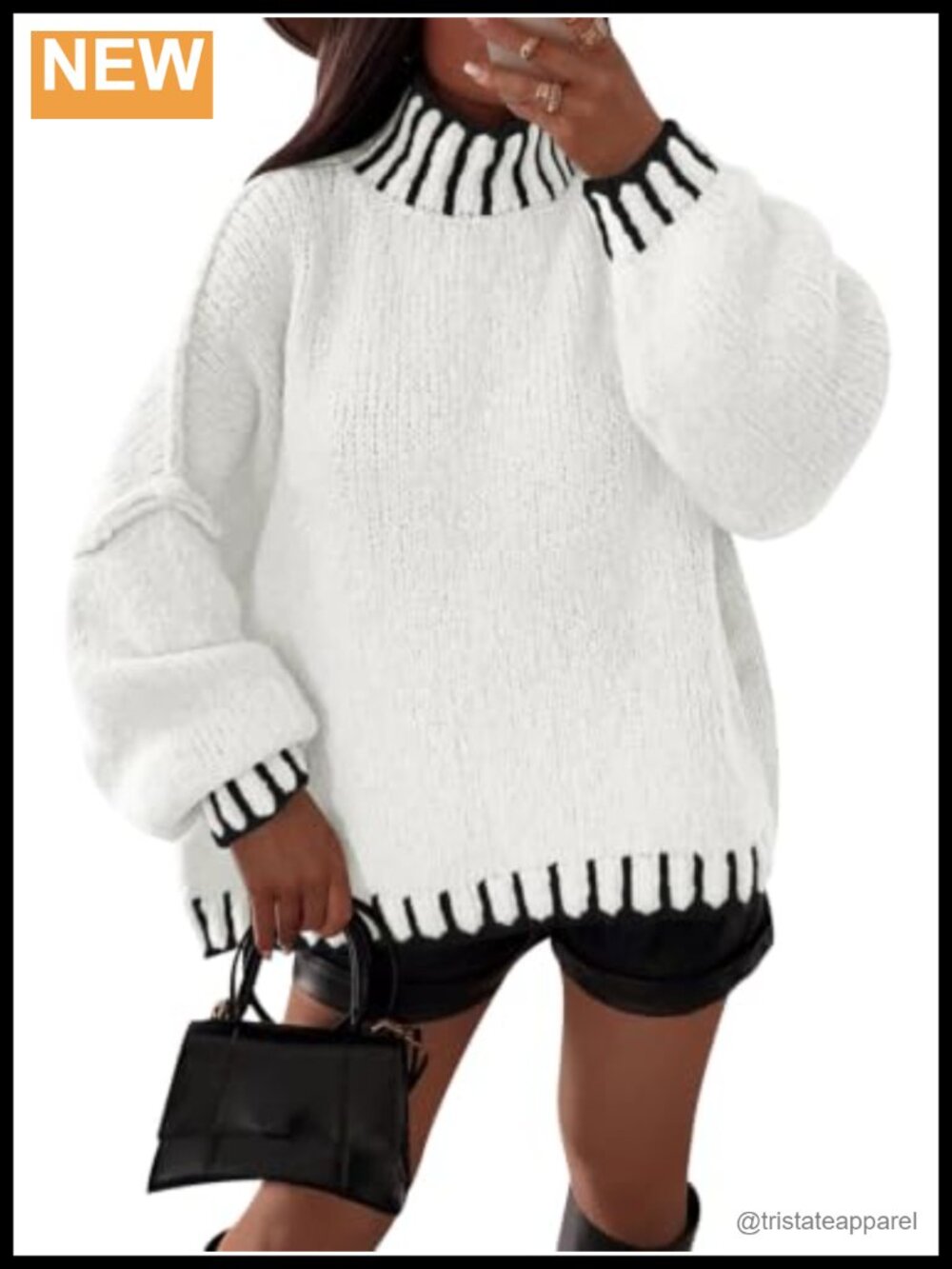 Chunky Mock Neck Pullover Sweater Lantern Sleeve Color Block Knit Fall